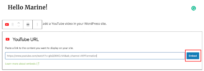 Insertion de l'URL dans le block "YouTube" de l'éditeur WordPress