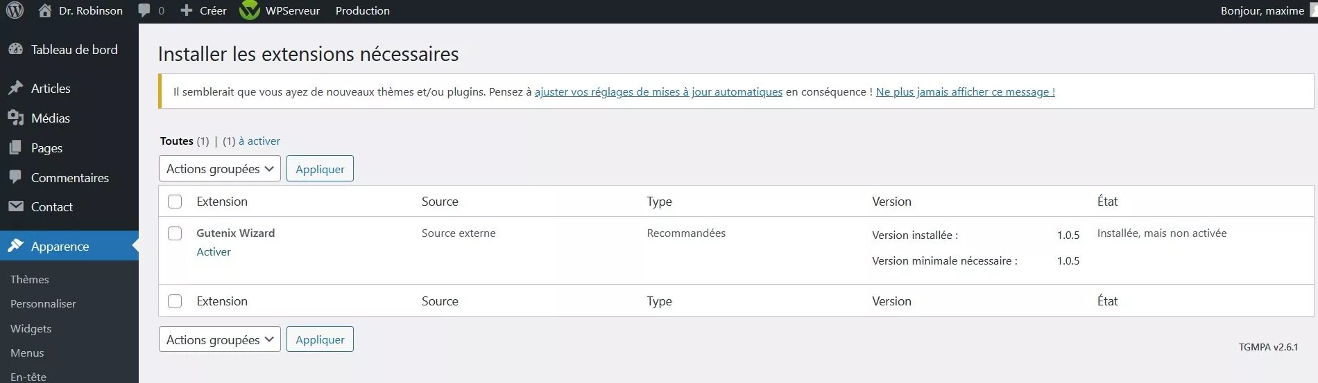 Comment installer Gutenix Wizard ? Gutenix Wizard s'installe depuis le thème une fois ce dernier activé