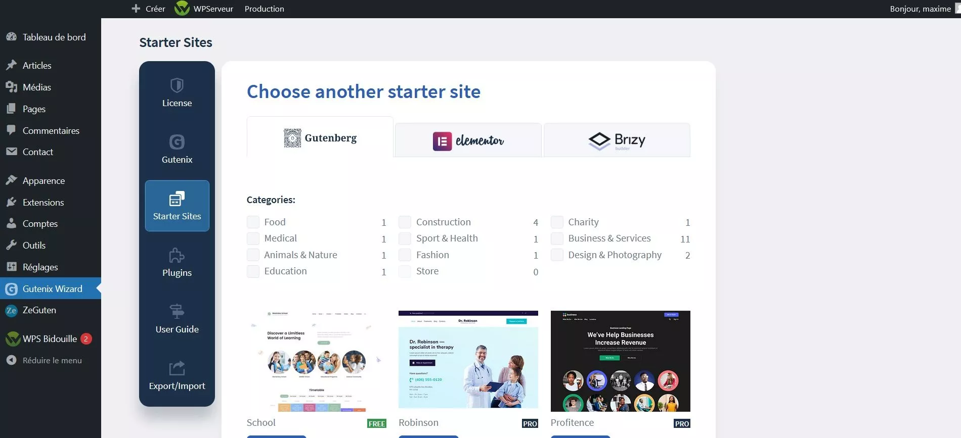 Gutenix Wizard : des modèles de thèmes en pagaille Gutenix Wizard est aussi l’extension vous donnant accès aux modèles de sites intégrés pour le thème.
