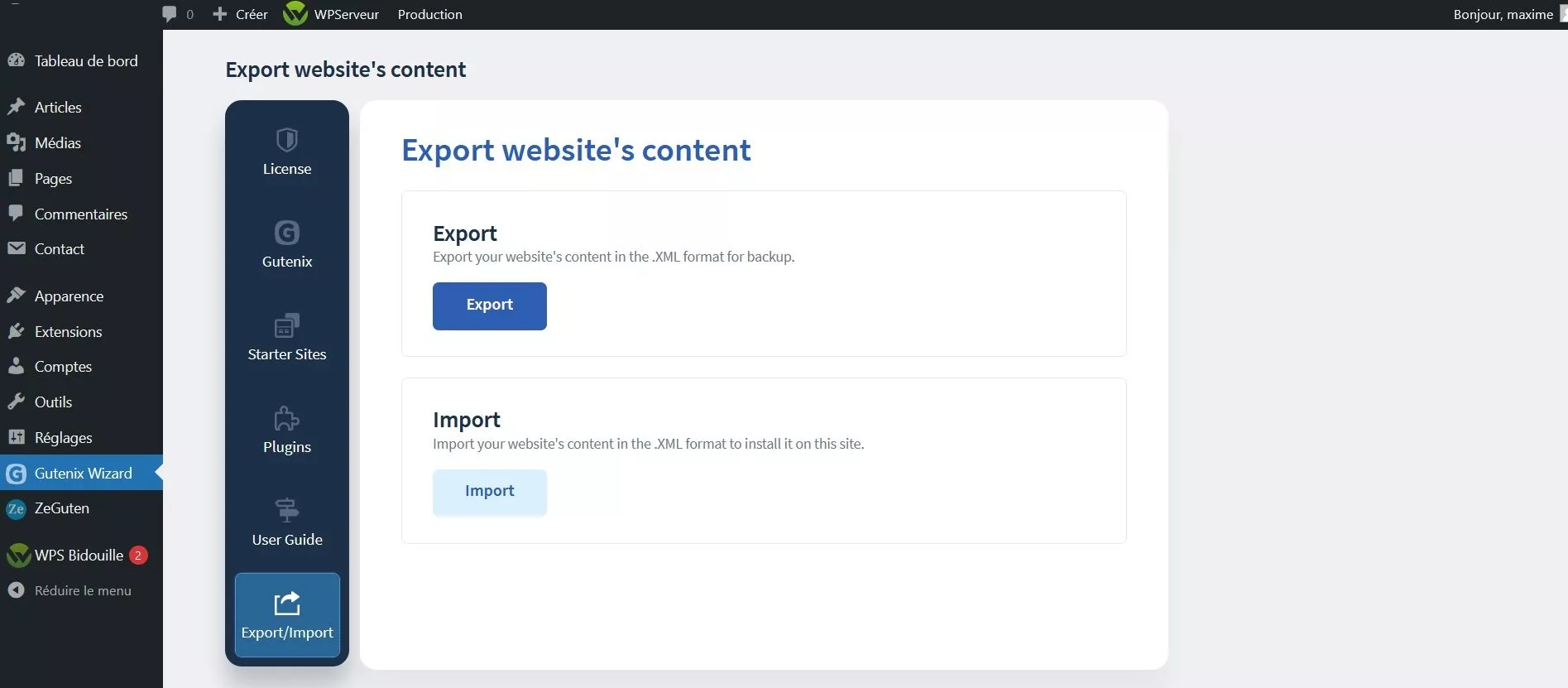 Gutenix Wizard inclut aussi une option d’import/export de vos données.