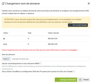 Changement de nom de domaine dans la console WPServeur
