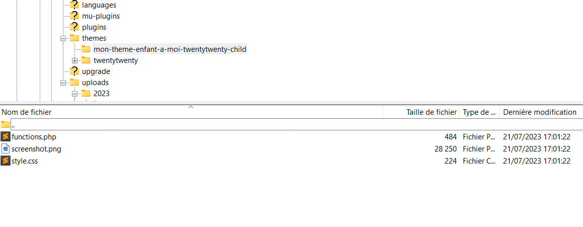 Le répertoire et les fichiers de votre thème enfant sont créés automatiquement par WPS Child Generator