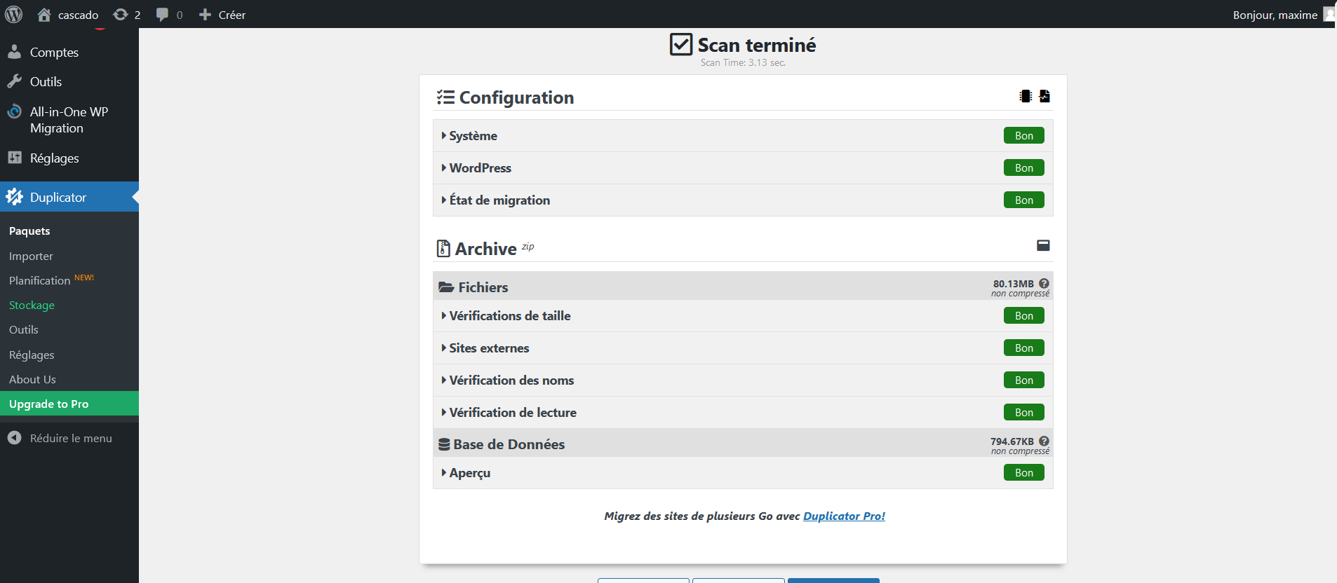 Duplicator vérifie que votre WordPress est prêt à être transféré