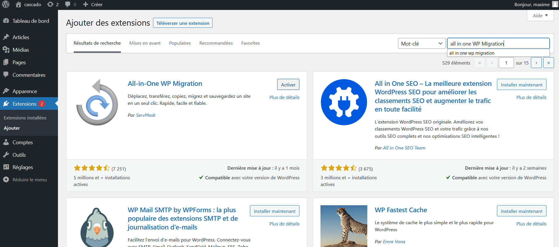 All in One WP Migration sur le répertoire WordPress