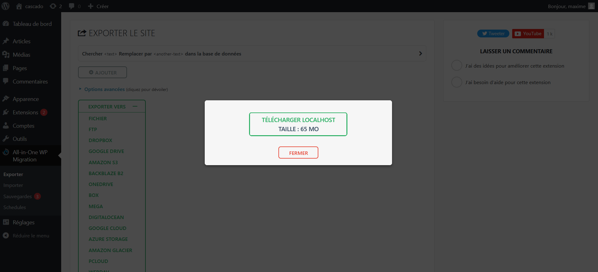 All in One WP Migration génère un fichier d'export