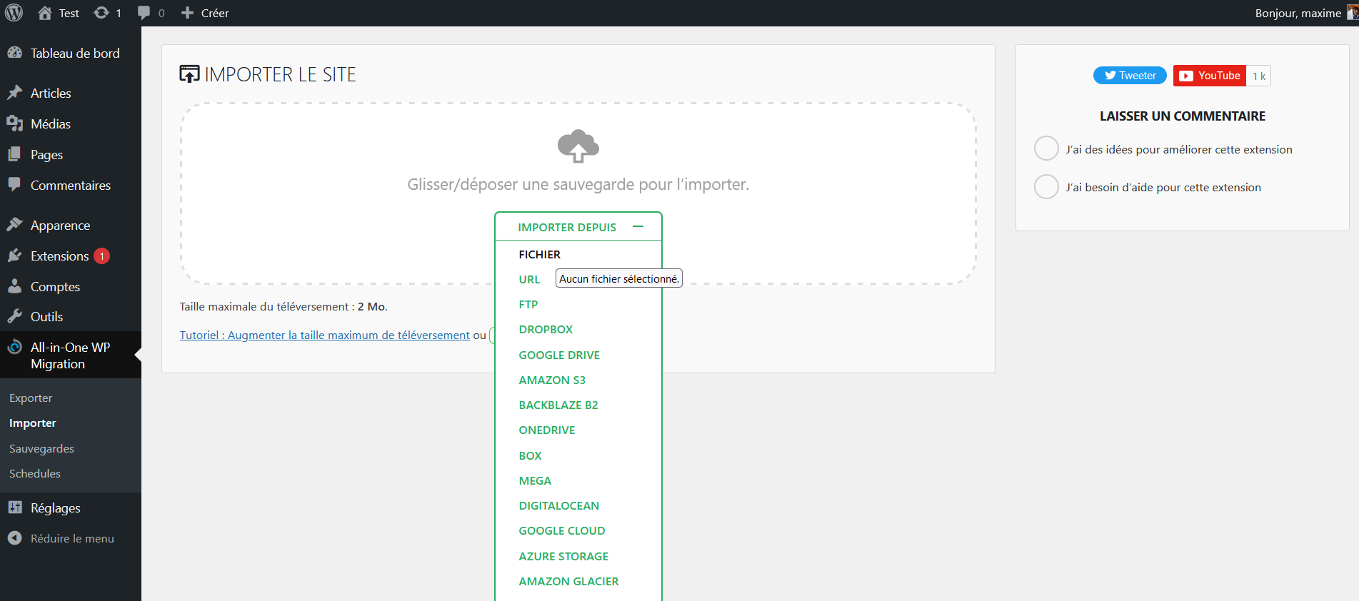 Le processus d'importation WordPress sur All in One WP Migration