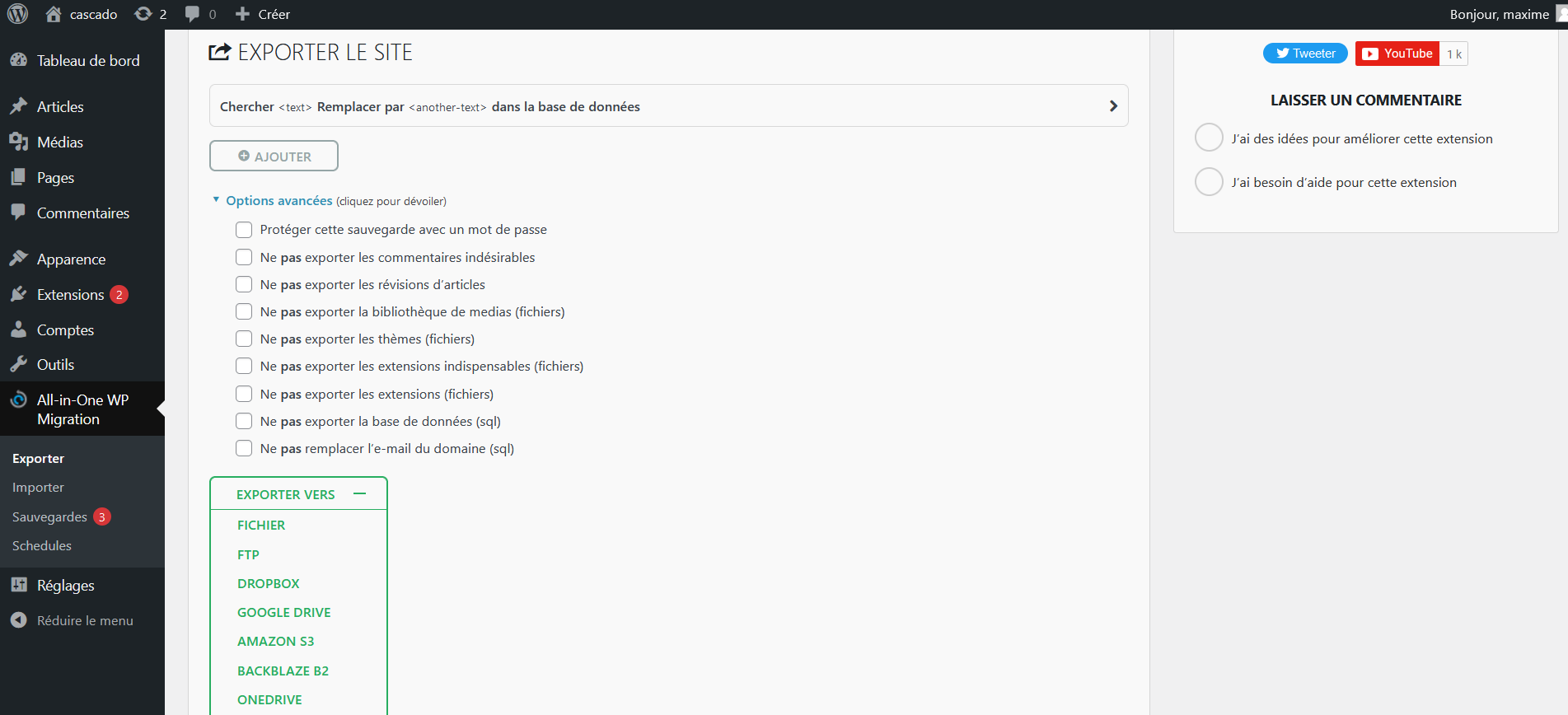 Exporter votre WordPress comme bon vous semble avec All in One WP Migration