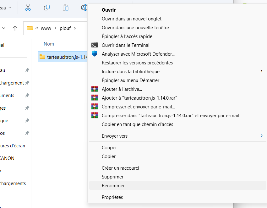 Renommez le dossier Tarteaucitron téléchargé